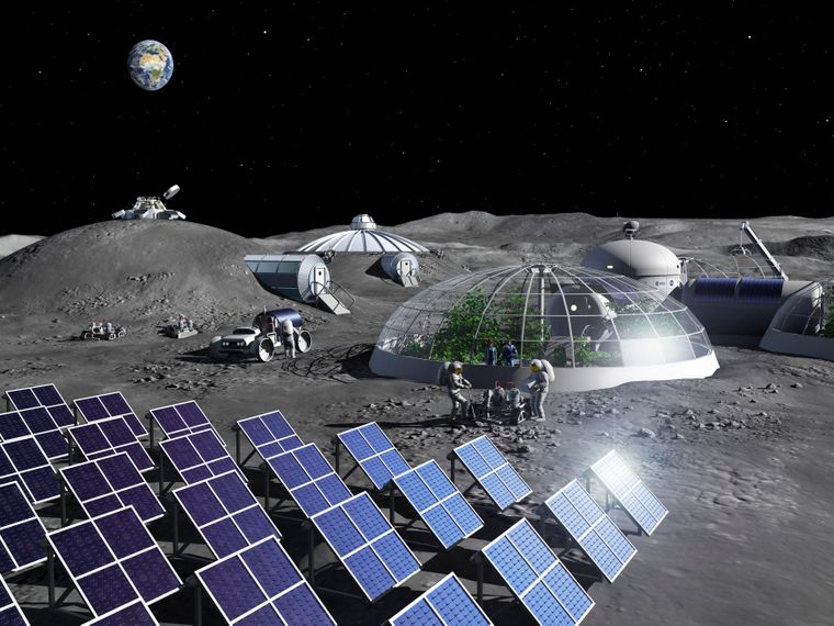 Ilustración conceptual que muestra cómo la NASA tiene previsto construir una base lunar junto con sus socios internacionales.