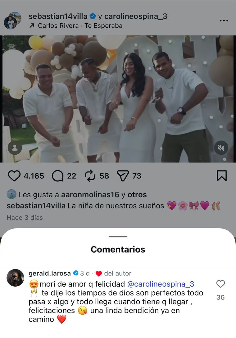 Geraldine La Rosa, esposa de Marcelo Gallardo, dejó un comentario en el posteo con el que Villa y su pareja, Caroline Ospina, anunciaron que van a tener una nena