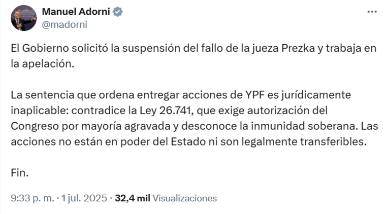 El vocero Presidencial, Manuel Adorni, confirmó la intención del Gobierno de apelar el fallo de la jueza Loretta Preska. El vocero Presidencial, Manuel Adorni, confirmó la intención del Gobierno de apelar el fallo de la jueza Loretta Preska.