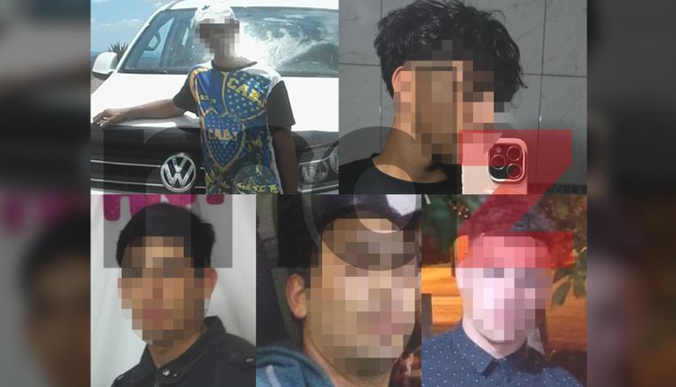 Arriba: Rubén y José de Antonio. Abajo: Alexis y Gustavo Chacón y Matías Villegas de Antonio, cinco de los seis detenidos por el robo del arma policial. (Se pixelan los rostros porque aún no habían sido imputados)