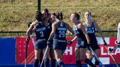 Las Leonas celebran uno de los tantos frente a India. Las Leonas celebran uno de los tantos frente a India.