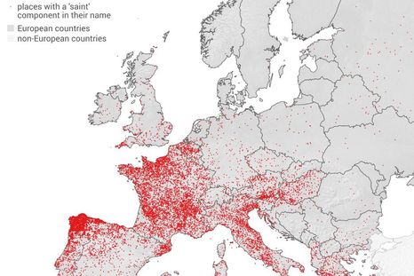 El mapa de los municipios de Europa que se llaman San o Santa