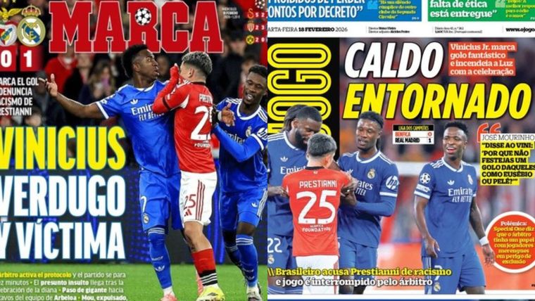 El incidente entre Prestianni y Vinícius, tapa de todos los diarios de España y Portugal.