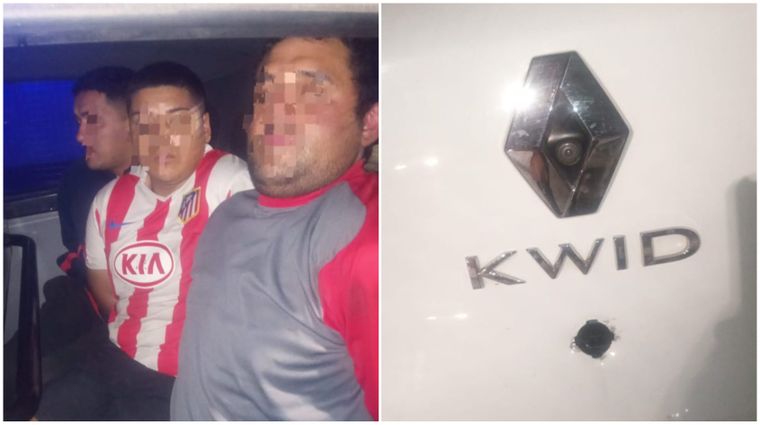 Los tres presuntos robarruedas detenidos y el vehículo que violentaron para sustraer elementos en Ciudad. 
