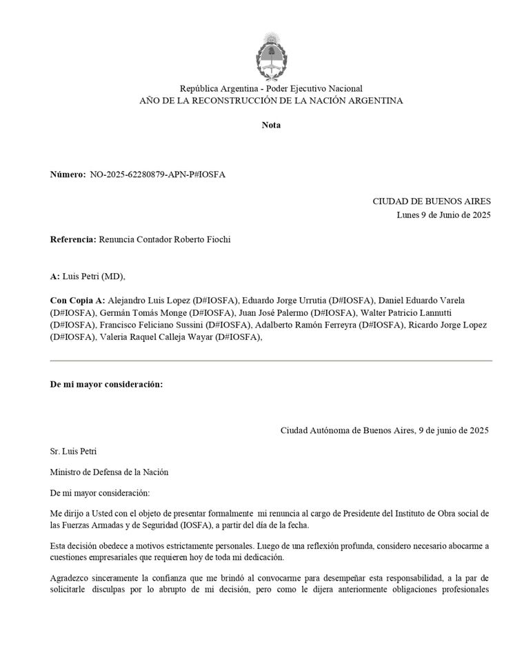 La carta con la que Roberto Fiochi renunció a la presidencia de Iosfa La carta con la que Roberto Fiochi renunció a la presidencia de Iosfa