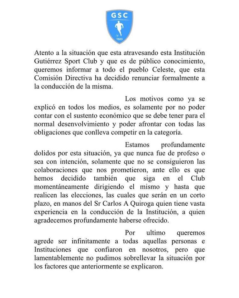 La renuncia que presentó la Comisión Directiva de Gutiérrez. La renuncia que presentó la Comisión Directiva de Gutiérrez.