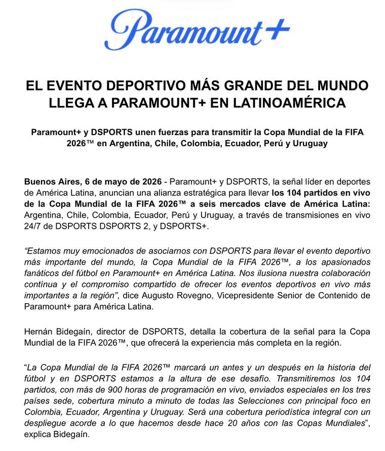 El precio de Paramount+ aparece como una de las claves para quienes quieran ver el Mundial 2026 completo. El precio de Paramount+ aparece como una de las claves para quienes quieran ver el Mundial 2026 completo.