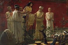 "El Oráculo", pintado por Camillo Miola en 1880, con la Pitia sentada sobre un trípode rodeada de sacerdotes u oficiantes, en el oráculo de Delfos. "El Oráculo", pintado por Camillo Miola en 1880, con la Pitia sentada sobre un trípode rodeada de sacerdotes u oficiantes, en el oráculo de Delfos.