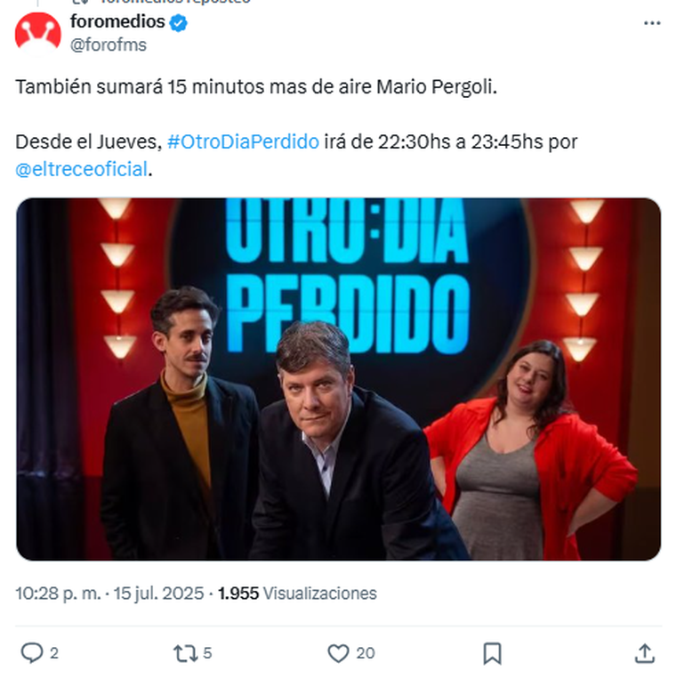 Mario Pergolini suma más minutos al aire. Foto: captura de pantalla X/ @forofms. Mario Pergolini suma más minutos al aire. Foto: captura de pantalla X/ @forofms.