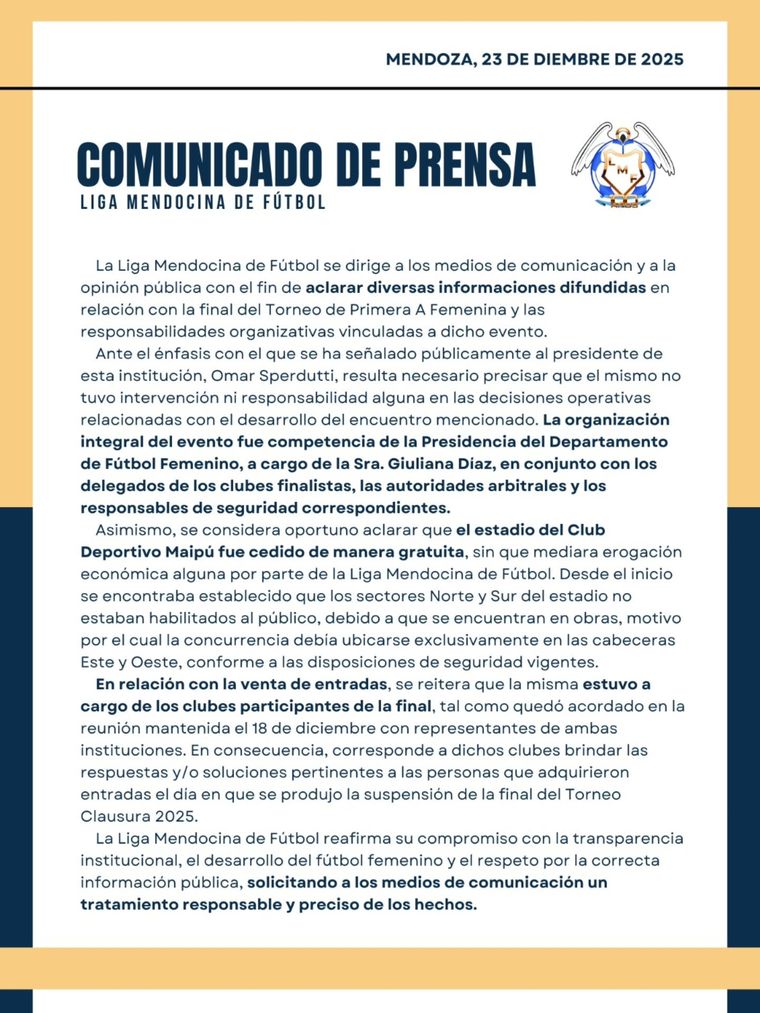 El comunicado completo de la Liga Mendocina. El comunicado completo de la Liga Mendocina. 