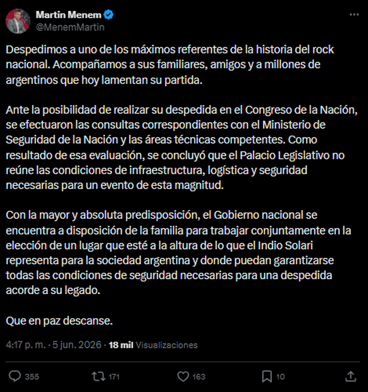 Martín Menem vía X.