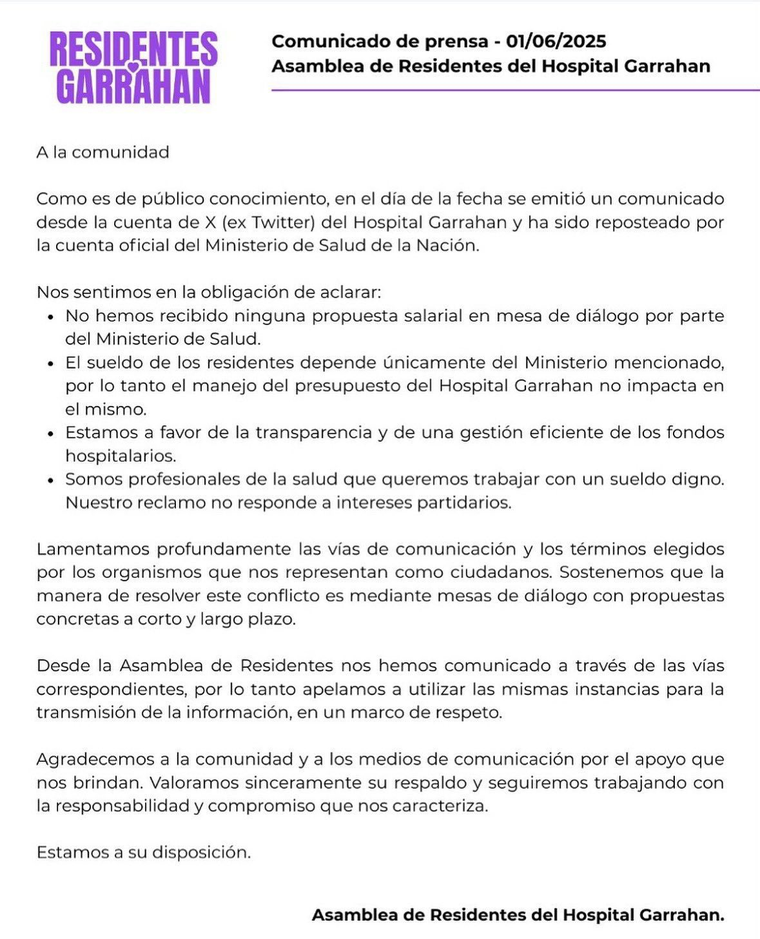 El comunicado de los residentes del Garrahan desde su cuenta oficial de X