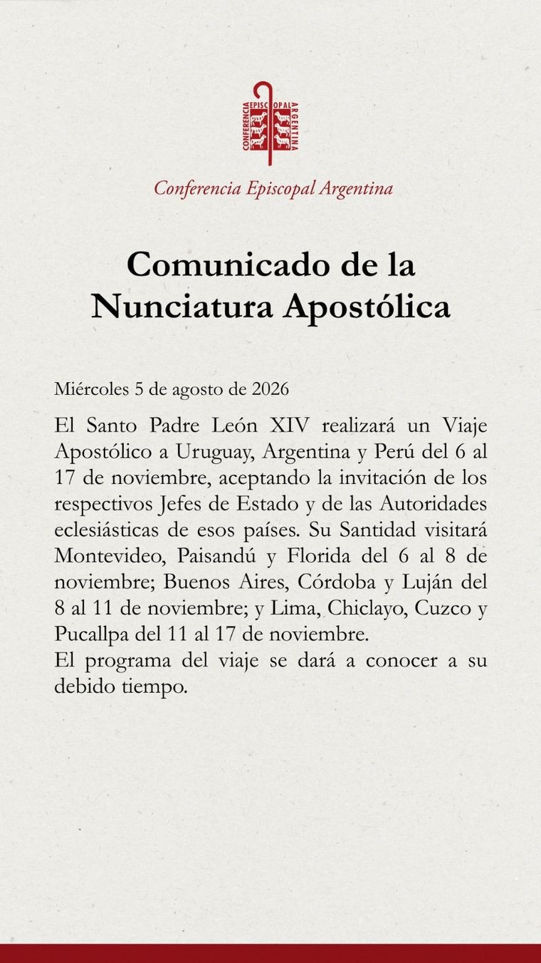 El anuncio de la Nunciatura Apostólica a través de un comunicado sobre la visita del papa Leon XIV a la Argentina.