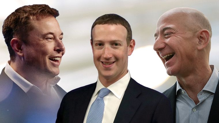 Elon Musk, Mark Zuckerberg y Jeff Bezos (de izquierda a derecha).