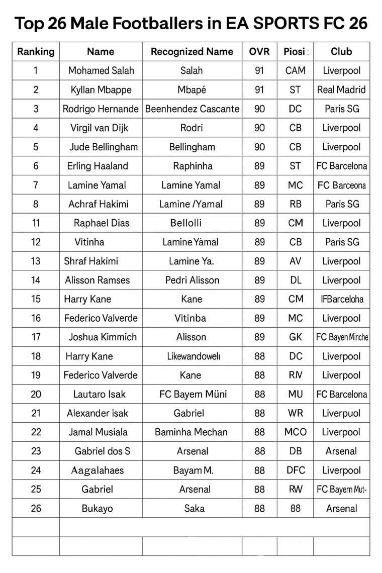 Mohamed Salah alcanza el primer puesto del ranking masculino en EA SPORTS FC 26, igualando a Mbappé con 91 puntos de media. Mohamed Salah alcanza el primer puesto del ranking masculino en EA SPORTS FC 26, igualando a Mbappé con 91 puntos de media.