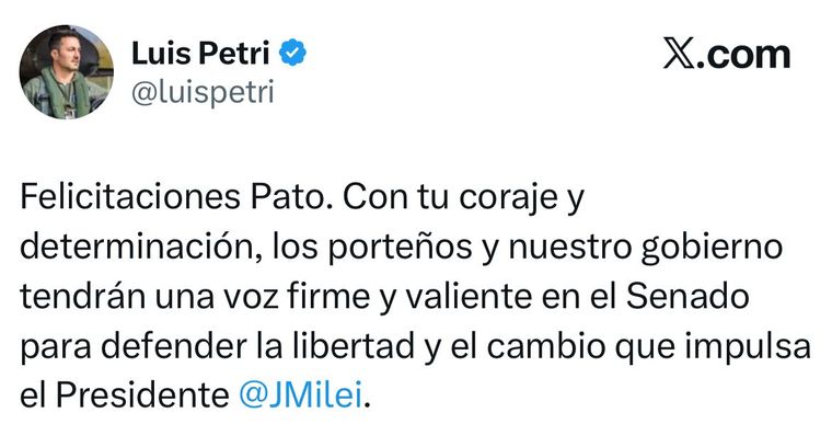 Luis Petri saludó a Patricia Bullrich por su candidatura Luis Petri saludó a Patricia Bullrich por su candidatura