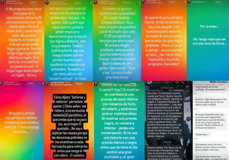 Algunos de los mensajes que Walter Graziano le envió a Agustina Peñalva y que la peridista expuso en sus redes sociales. Algunos de los mensajes que Walter Graziano le envió a Agustina Peñalva y que la peridista expuso en sus redes sociales.