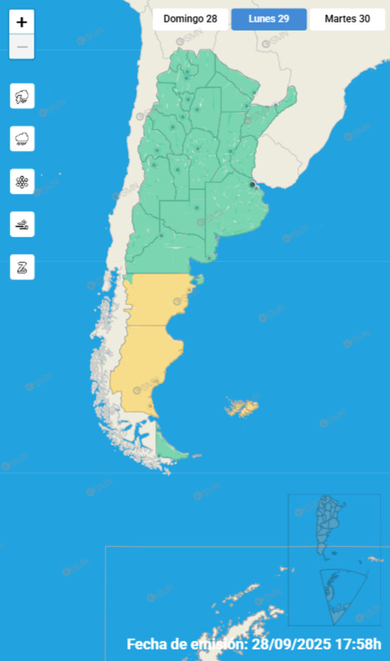 La alerta emitida por el Servicio Meteorológico Nacional es por fuertes vientos. La alerta emitida por el Servicio Meteorológico Nacional es por fuertes vientos. 