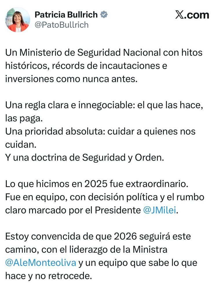El mensaje de fin de año de Patricia Bullrich en X. El mensaje de fin de año de Patricia Bullrich en X.