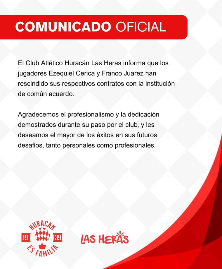 Huracán Las Heras anunció las bajas de Ezequiel Cerica y Franco Juárez, que no estarán en el tramo final del Federal A. Huracán Las Heras anunció las bajas de Ezequiel Cerica y Franco Juárez, que no estarán en el tramo final del Federal A.