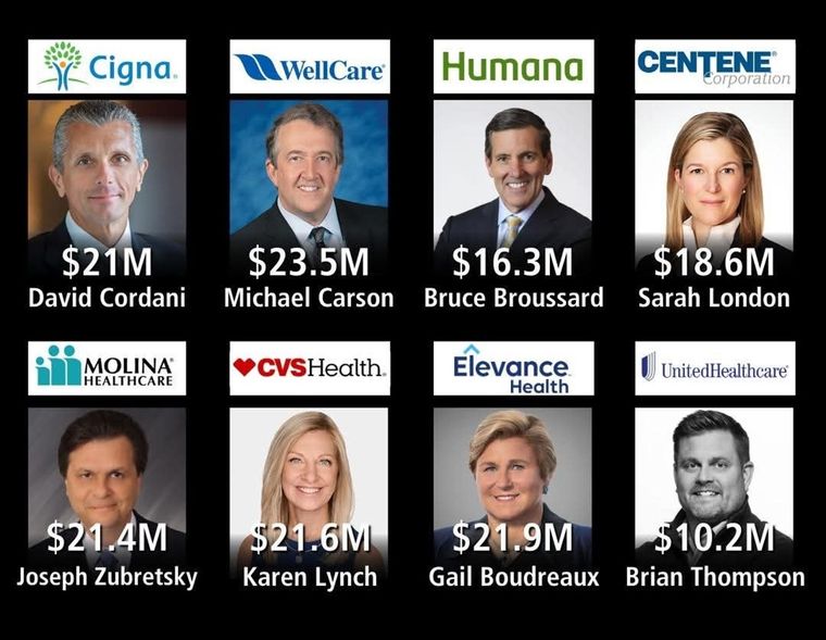 Imagen que circula en redes sociales con los salarios de cada directivo de las aseguradoras de salud más importantes. Brian Thompson, en blanco y negro Foto: X