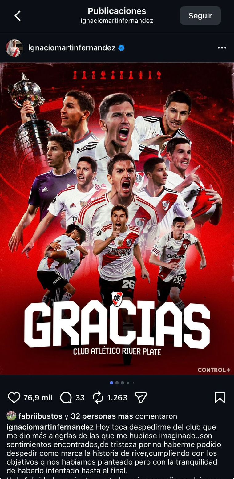 Nacho Fernández se despidió de River con un sentido posteo en su cuenta de Instagram.