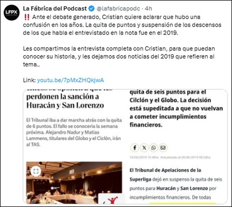 La aclaración en X tras los dichos de Cristian Malaspina en La Fábrica del Podcast. La aclaración en X tras los dichos de Cristian Malaspina en La Fábrica del Podcast.
