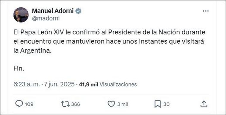 El Papa León XIV le confirmó a Milei su pronta visita a Argentina, anunció el vocero presidencial Manuel Adorni. El Papa León XIV le confirmó a Milei su pronta visita a Argentina, anunció el vocero presidencial Manuel Adorni.