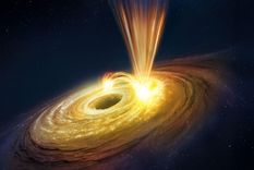 Representación artística del agujero negro turbulento y con fuertes vientos en la galaxia NGC 3783. Representación artística del agujero negro turbulento y con fuertes vientos en la galaxia NGC 3783.