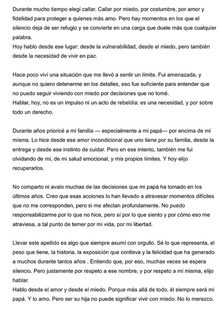 Parte del escrito de Juanita Tinelli. Foto: captura de pantalla Instagram / @juanittinelli1. Parte del escrito de Juanita Tinelli. Foto: captura de pantalla Instagram / @juanittinelli1. 