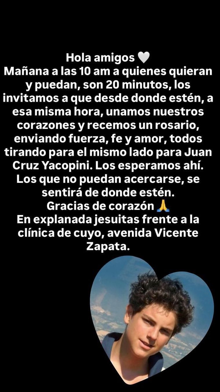 Cadena de oración por Juan Cruz Yacopini: convocan a una misa frente a la Clínica de Cuyo.
