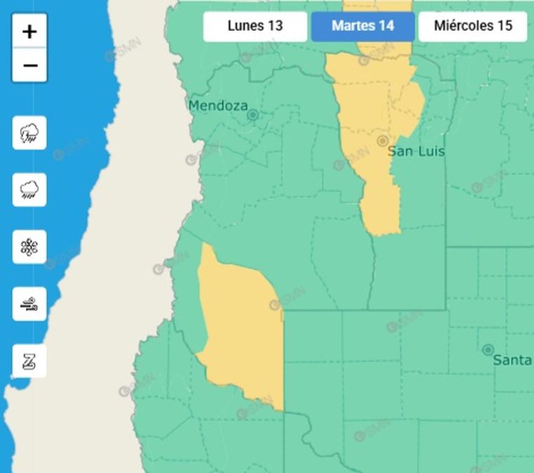 El SMN emitió un alerta amarilla por Zonda para este martes 14 de octubre. El SMN emitió un alerta amarilla por Zonda para este martes 14 de octubre.