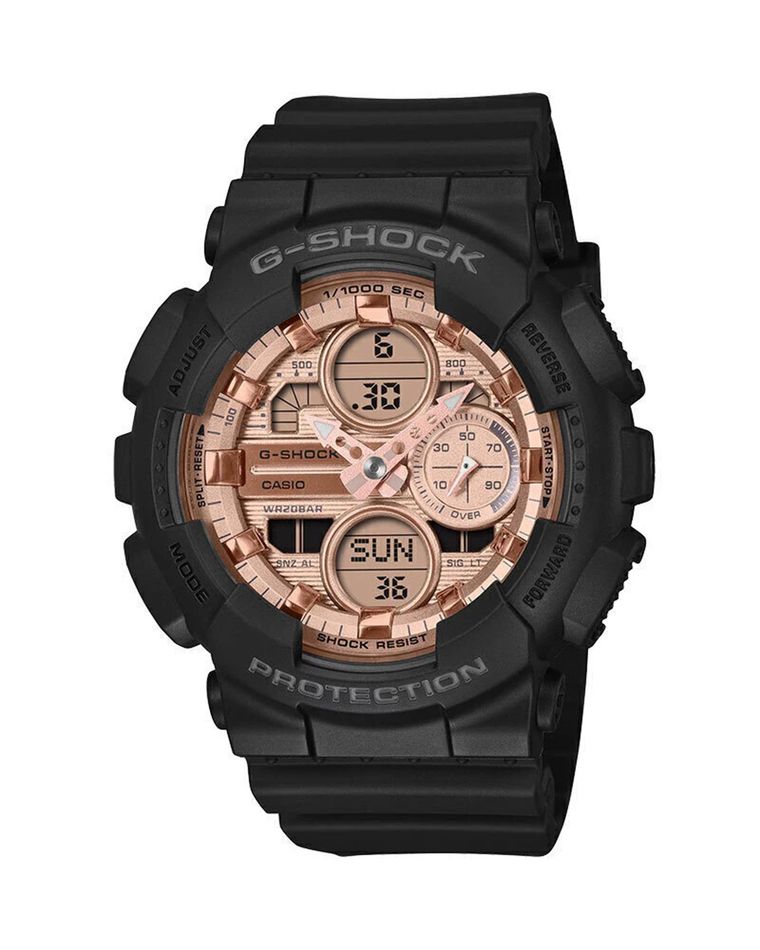 Formato mediano en color negro mate con un elegante dial met&aacute;lico en tono oro rosa.