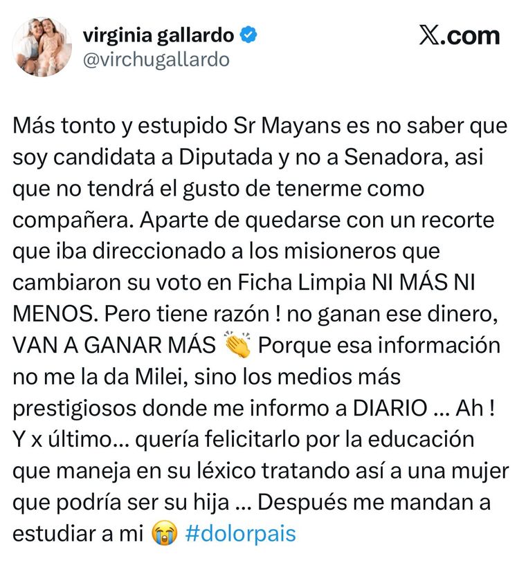 Virginia Gallardo, candidata de La Libertad Avanza a diputada nacional, salió a cruzar al senador José Mayans Virginia Gallardo, candidata de La Libertad Avanza a diputada nacional, salió a cruzar al senador José Mayans