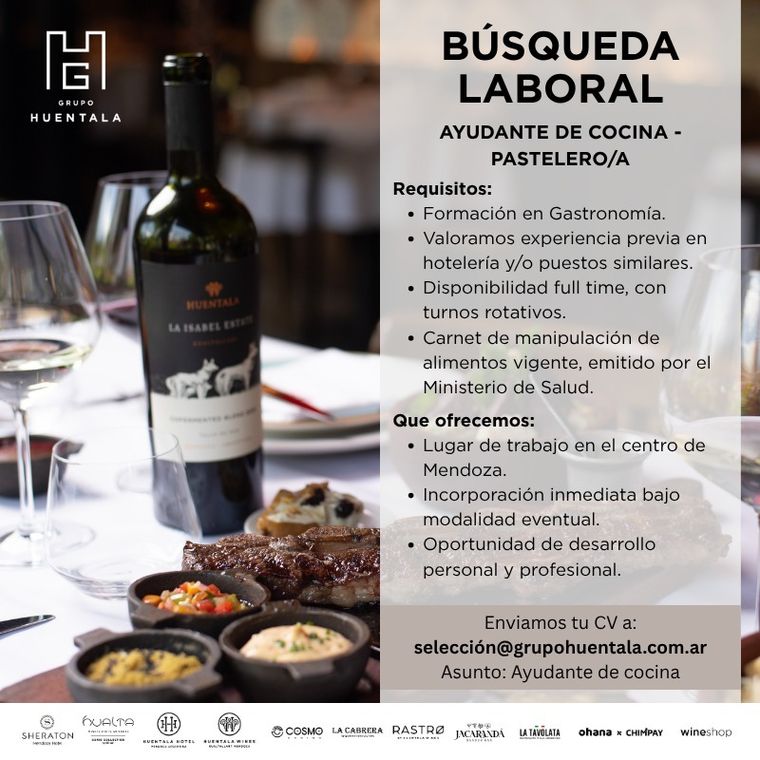 También se busca ayudante de cocina o pastelero/a con formación en gastronomía. Foto: Bolsa de Empleo Mendoza También se busca ayudante de cocina o pastelero/a con formación en gastronomía. Foto: Bolsa de Empleo Mendoza