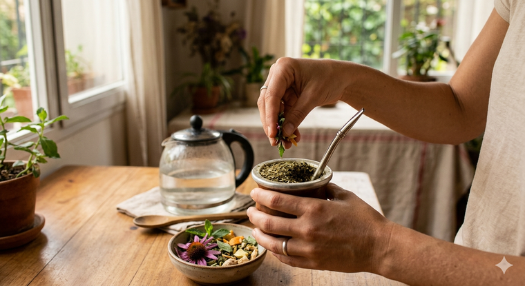 Tomar mate con hierbas.&nbsp;