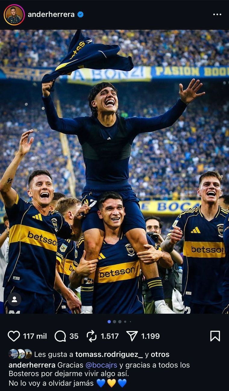 El posteo de Ander Herrera en Instragram tras ganar su primer Superclásico con la camiseta de Boca. El posteo de Ander Herrera en Instragram tras ganar su primer Superclásico con la camiseta de Boca.