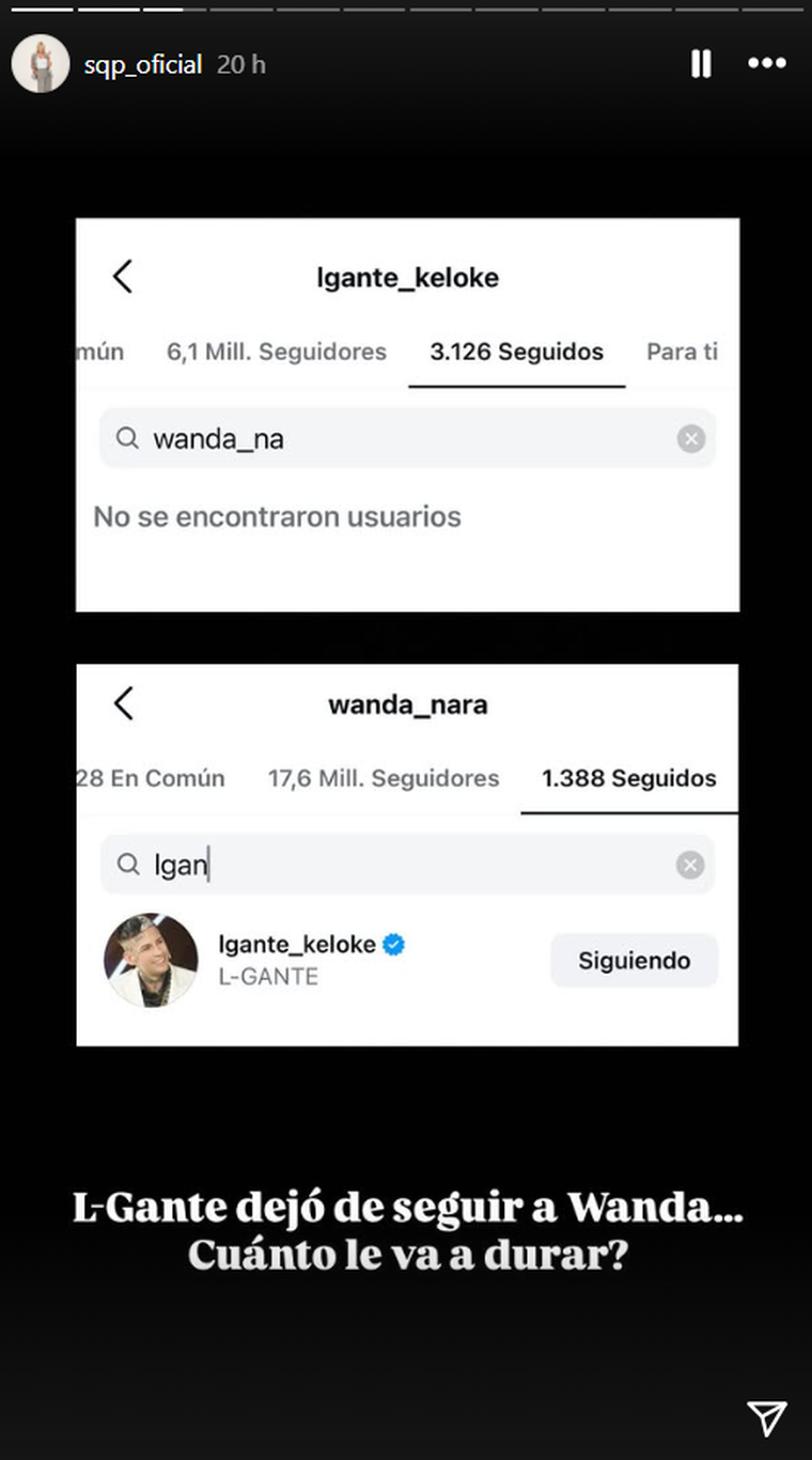 L-Gante dejó de seguir a Wanda Nara. Foto: captura de pantalla Instagram/ @sqp_oficial. L-Gante dejó de seguir a Wanda Nara. Foto: captura de pantalla Instagram/ @sqp_oficial. 