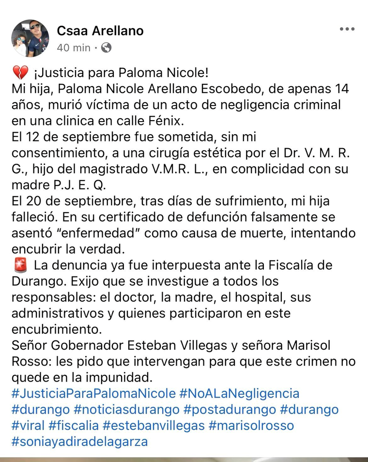 La denuncia que realizó el padre de la adolescente en Facebook. La denuncia que realizó el padre de la adolescente en Facebook.