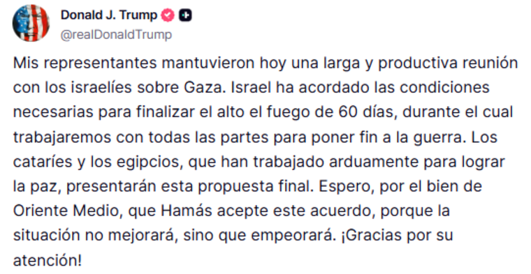 El mensaje de Donald Trump tras el cese al fuego. Foto: Threads. El mensaje de Donald Trump tras el cese al fuego. Foto: Threads. 