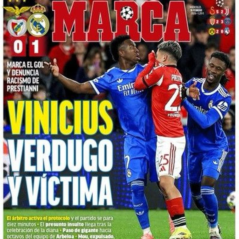 La tapa de Marca sobre el escándalo entre Prestianni y Vinícius Jr. La tapa de Marca sobre el escándalo entre Prestianni y Vinícius Jr.
