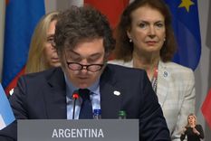 El presidente de la Nación, Javier Milei, junto a la secretaria de Presidencia, Karina Milei y la canciller Diana Mondino en la cumbre por la paz en Ucrania Foto: Captura de video