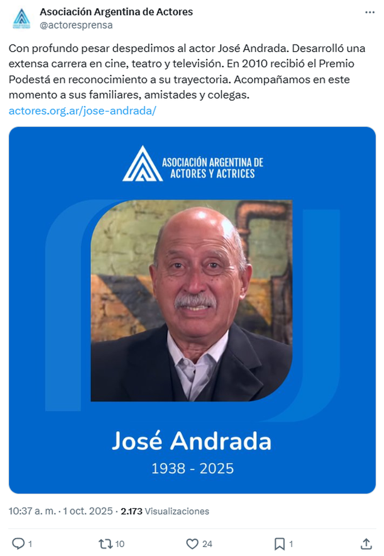 Tristeza por la muerte del querido actor. Foto: captura de pantalla X/ @actoresprensa.&nbsp;