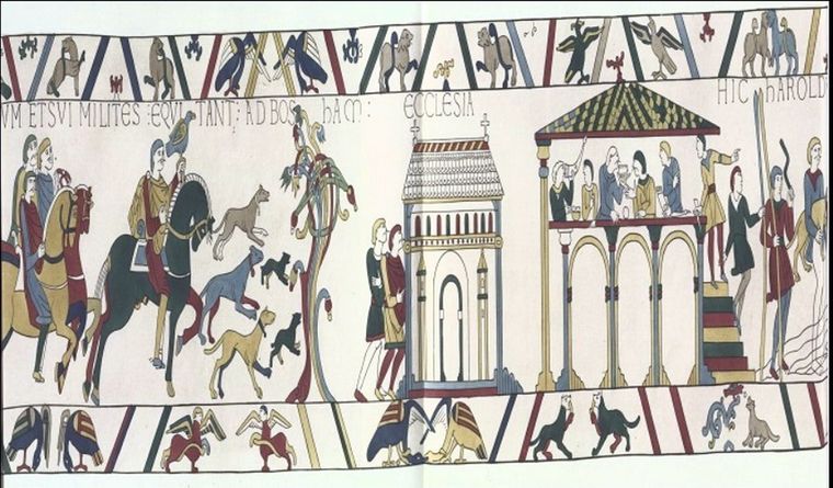 El tapiz de Bayeux, que muestra al rey Harold cabalgando hacia Bosham, donde asiste a la iglesia y festeja en un salón. Foto: Dpa.