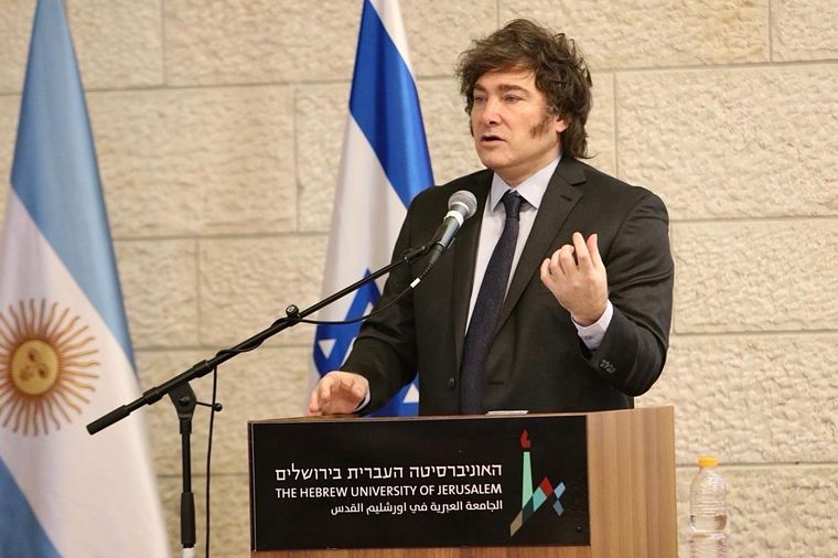 Javier Milei en el aula magna de la Universidad Hebrea de Jerusalén.