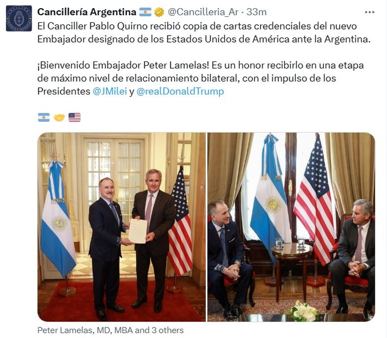 El posteo de Cancillería anunciando la presentación de cartas credenciales de Lamelas en el país. Foto: X El posteo de Cancillería anunciando la presentación de cartas credenciales de Lamelas en el país. Foto: X