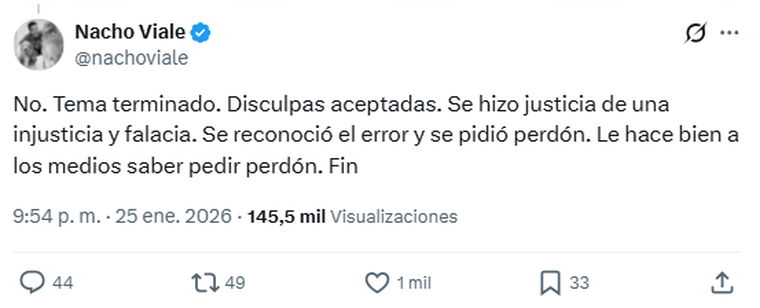 Nacho Viale confirmó que aceptaron las disculpas y no llevarán el tema a la Justicia.