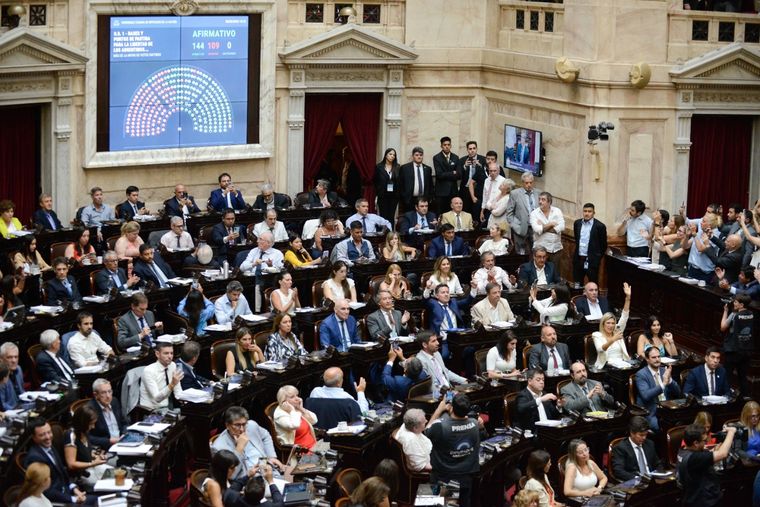 Con 144 votos, Javier Milei tiene la media sanción en general de la ley ómnibus. Falta la votación en particular Foto: Prensa Diputados
