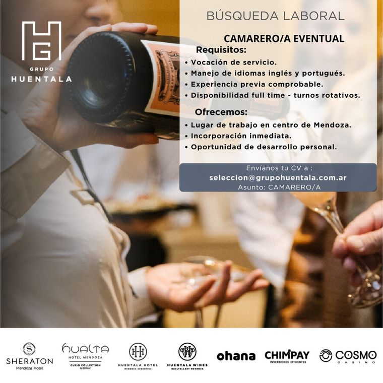 Grupo Huentala busca camareros/as con experiencia y manejo de idiomas para eventos en Mendoza. Foto: Bolsa de Empleo Mendoza Grupo Huentala busca camareros/as con experiencia y manejo de idiomas para eventos en Mendoza. Foto: Bolsa de Empleo Mendoza 