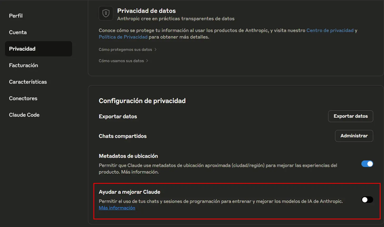 Así puedes desactivas la políticas de privacidad de Claude. Así puedes desactivas la políticas de privacidad de Claude.